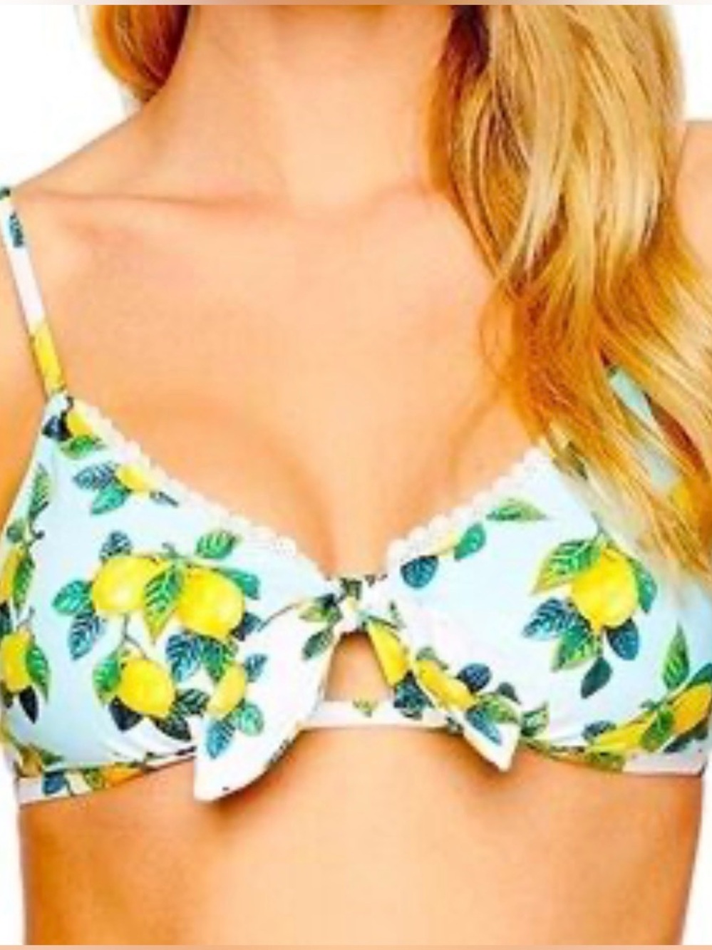 NWT Nanette Lepore Yellow Lemon Print Bikini Top on Light Blue - Picture 2 of 9
